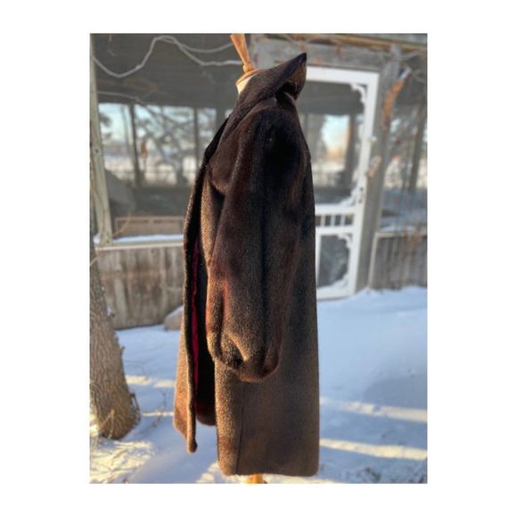 Vintage 50s Sheared Beaver Long Fur Coat Brown Balloon Sleeves Fuchsia Satin - Picture 11 of 16